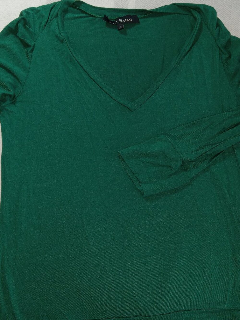 Lida Baday Green Silk Blend Stretchy V-neck Top-Made in Canada- L- * AS IS *